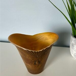 Vintage Italian Art Glass  Petite Vase Amber Olive Sculptural Rim 4.5”